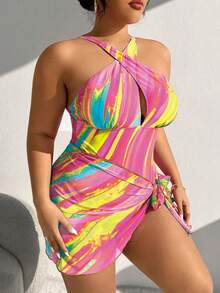 SHEIN Swim Curve 大码女式扎染吊带连体泳衣，带泳衣罩裙，适合度假 - 橘色 - 查看 4