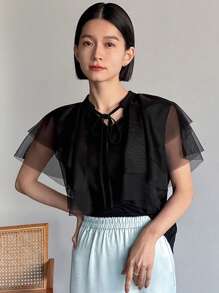 FRIFUL Designer Women Solid Color Mesh Design Short Sleeve Shirt With Artistic Patchwork - Black - View 4