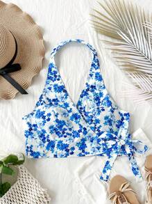 Soleia Women's Plus Size Sexy Halter Neck Top, Floral Print, Backless, Slim Fit, Short Length - Multicolor - View 1
