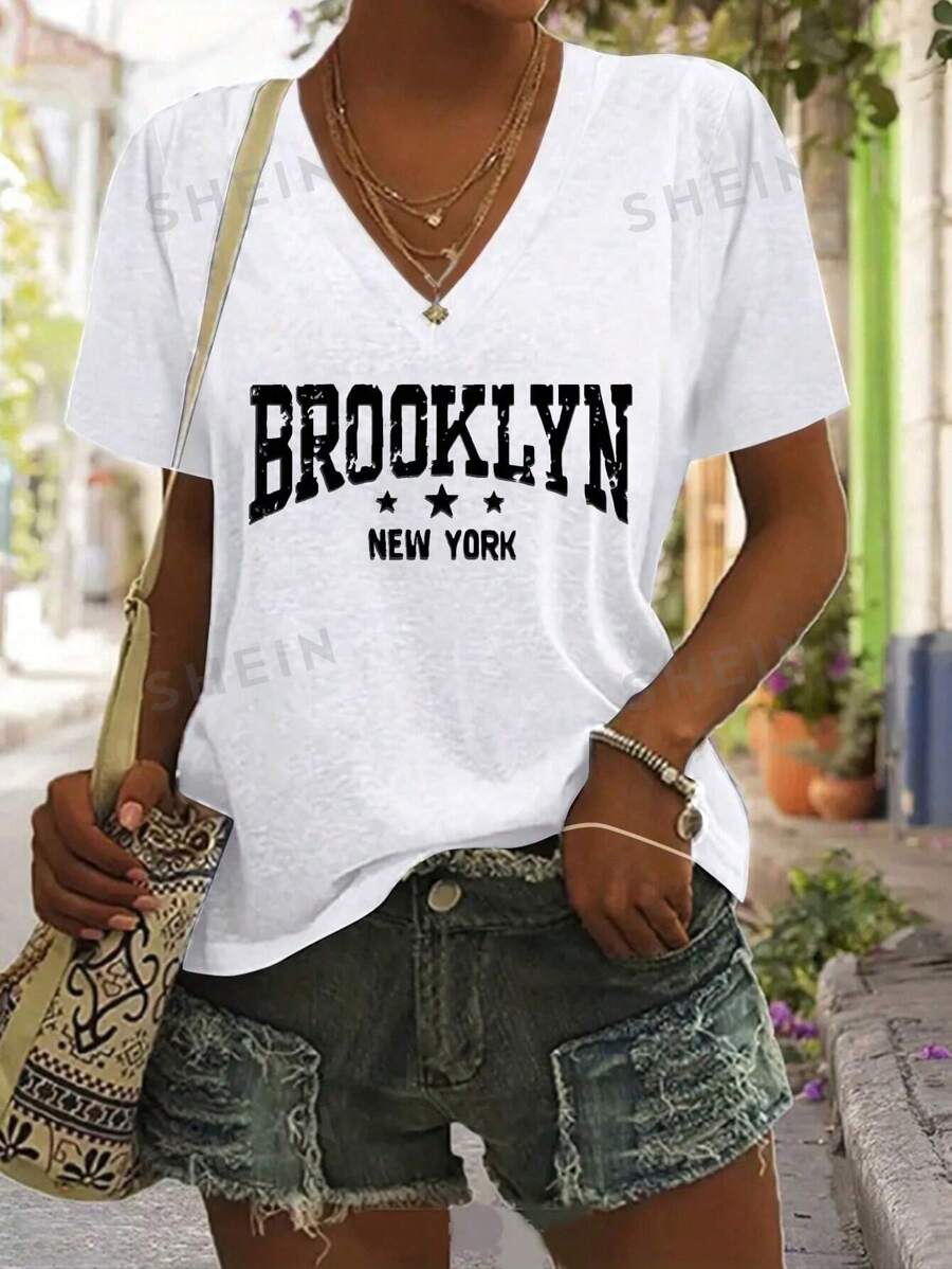 INAWLY Camiseta de manga corta con cuello en V y estampado de letras, informal, top gráfico de verano para mujer