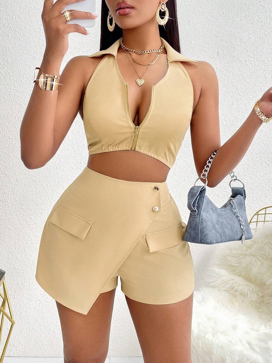 Women'S  Sexy Solid Color Deep V-Neck Zipper Top & Skort Biker Set - Khaki - View 1