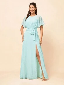 SHEIN Belle Elegant,Light Blue,Spring,Bridesmaid,Wedding Chiffon Dotted Dress, Backless Bow Tied See-Through Flying Sleeves High Slit A-Swing Prom Graduation - Green - View 4