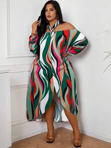 SHEIN VCAY Plus Size Women's Striped High Slit Off Shoulder Halter Neck Dress - Multicolor - View 3
