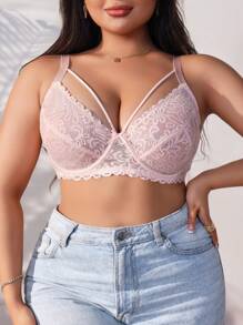 Lencería de talla grande de encaje floral con sujetador sin tirantes, 1 pieza