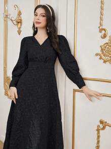 Modelyn Women's Spring/Autumn Solid Color Jacquard Bubble Sleeve Dress
