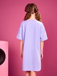 HELLO KITTY AND FRIENDS | SHEIN Tween Girls' Cute And Casual Cartoon Letter Printed Purple T-Shirt Dress - Purple - View 2