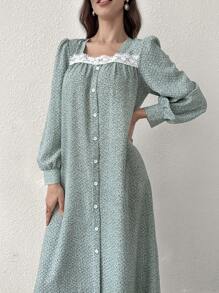 Mulvari Square Neckline Lace Splicing Front Button-Up Sleepwear Dress Long Dress, Fall - Green - View 3