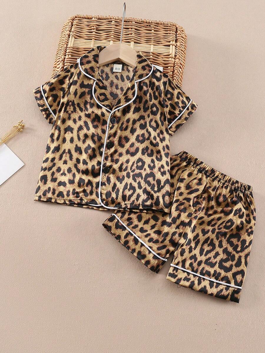 Pentru fetiță, pantaloni scurți cu mânecă scurtă, simplu și la modă, cu imprimeu leopard