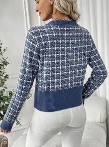 EMERY ROSE 女士时尚纽扣设计开衫，适合日常穿着，女士春/秋休闲纽扣常规袖圆领常规版型灰蓝色格子女士开衫，休闲日常穿着，长袖上衣