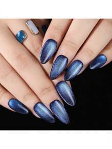 OUQIEN 升级您的外观 - 24 件/套长尖银河蓝色闪光猫眼手工美甲，凝胶制作猫眼指甲贴，含 1 件果冻凝胶和 1 个指甲锉，万圣节指甲 - 彩色 - 查看 3