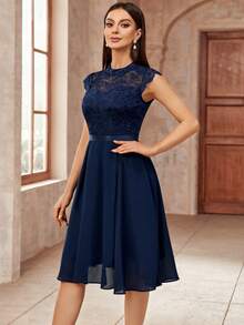 MIUSOL Floral Lace Mock Neck Cap Sleeve Prom Party Swing Dress - Navy Blue - View 6