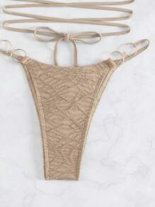 Swim SXY 夏季沙灘露脊頸環細節比基尼套裝,三角褲底部 - 卡其色 - 查看 8