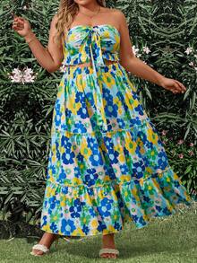 SHEIN SunnyBelle Kích thước lớn Mùa hè giản dị Ngày lễ Hoa In Áo Bandeau  Với Nơ Và Bộ váy - Nhiều màu - Xem 4