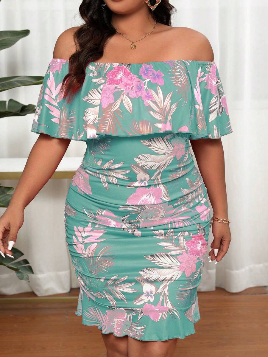 Plus Size Plant Print Off Shoulder Bodycon Summer Vacation Dress - Multicolor - View 1