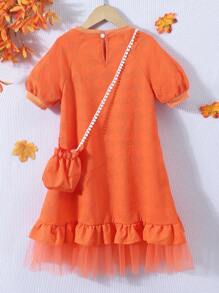 SHEIN Vestido informal de manga corta con contraste de malla para niñas preadolescentes, incluye bolso - Naranja - Ver 2
