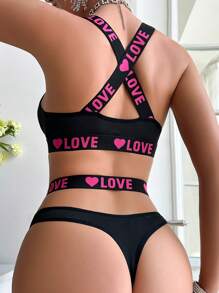 SHEIN Women's Sports Bra And Panties Set, Heart & Letter Patterned Elastic Strap Wireless Bra - Black - View 2