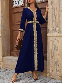 SHEIN Unity 春季刺绣编织腰带 V 领收腰长袖连衣裙超长女装 - 藏蓝色 - 查看 3