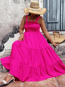 Breezaya Plus Size Solid Color A-Line Swing Cami Dress Maxi Women Outfit - Hot Pink - View 6