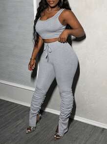 Slaydiva Casual Summer All Grey Round Neck Crop Tank Top And Ruched Hem Split Long Slim Pants Going Out Set - Grey - View 5