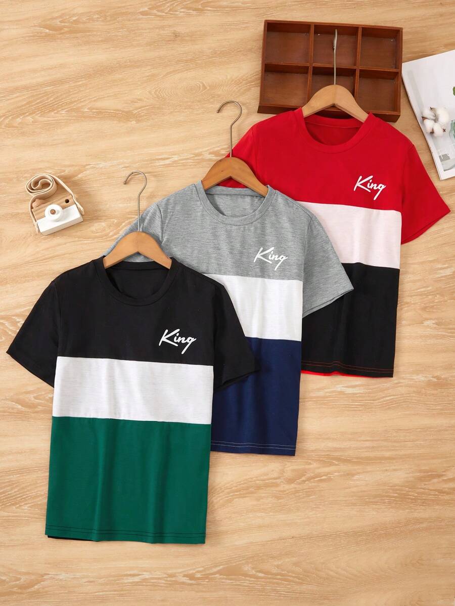 SHEIN Mùa hè Ngắn tay Lá thư In Áo thun Với Khối màu Thiết kế Đối với Bé trai tuổi teen - Nhiều màu - Xem 1