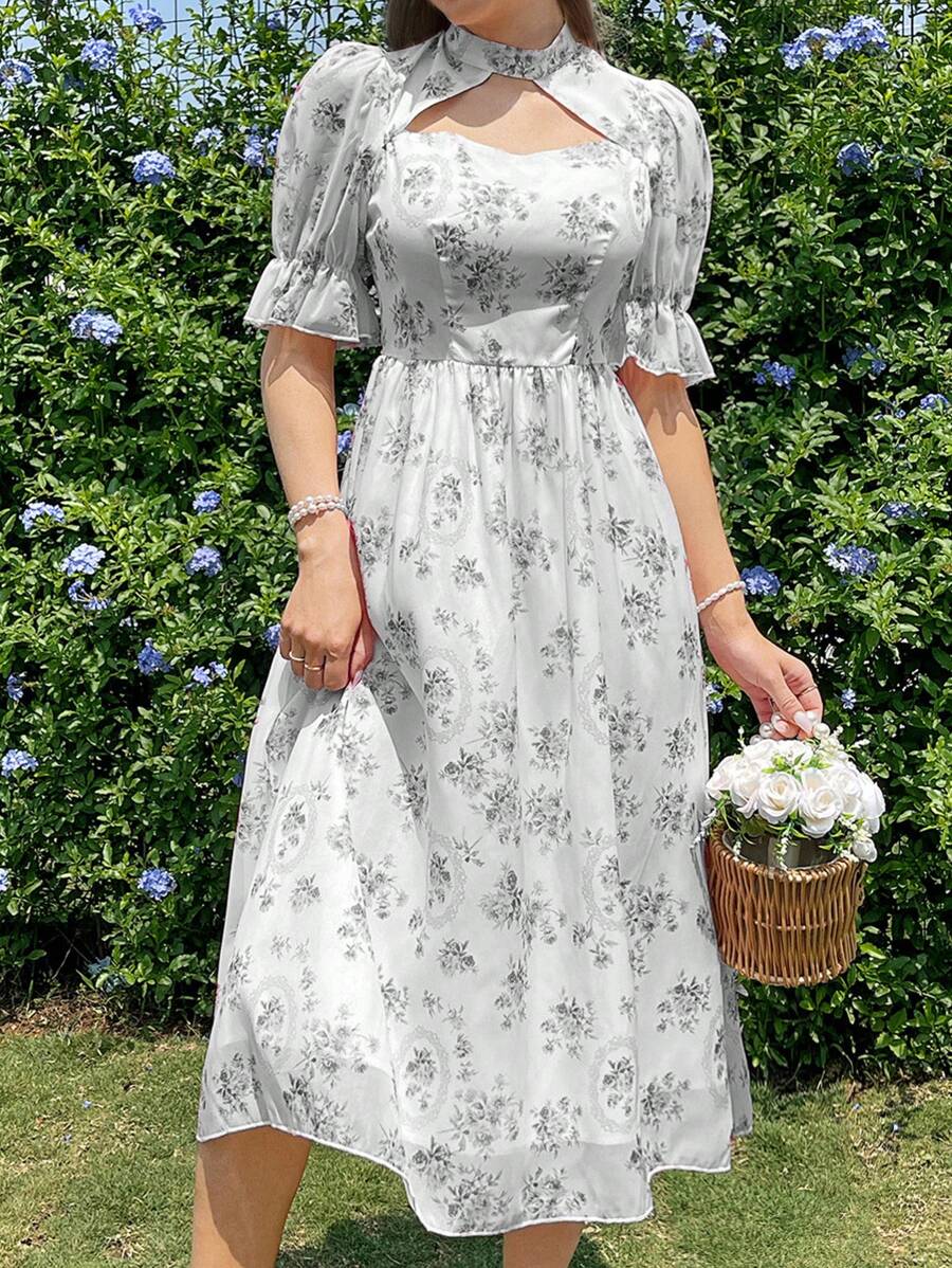 Modelyn 女裝印花氣泡袖裝，適用於夏季度假旅行 - 黑色 - 查看 1