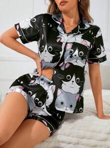 SHEIN Của phụ nữ Mèo in Nút phía trước Ngắn tay Áo Và Quần short Bộ mặc nhà - Đen và trắng - Xem 1