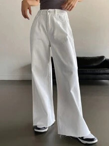 DAZY Solid Color Wide Leg Jeans With Slanted Pockets And Frayed Hems, Suitable For All Seasons