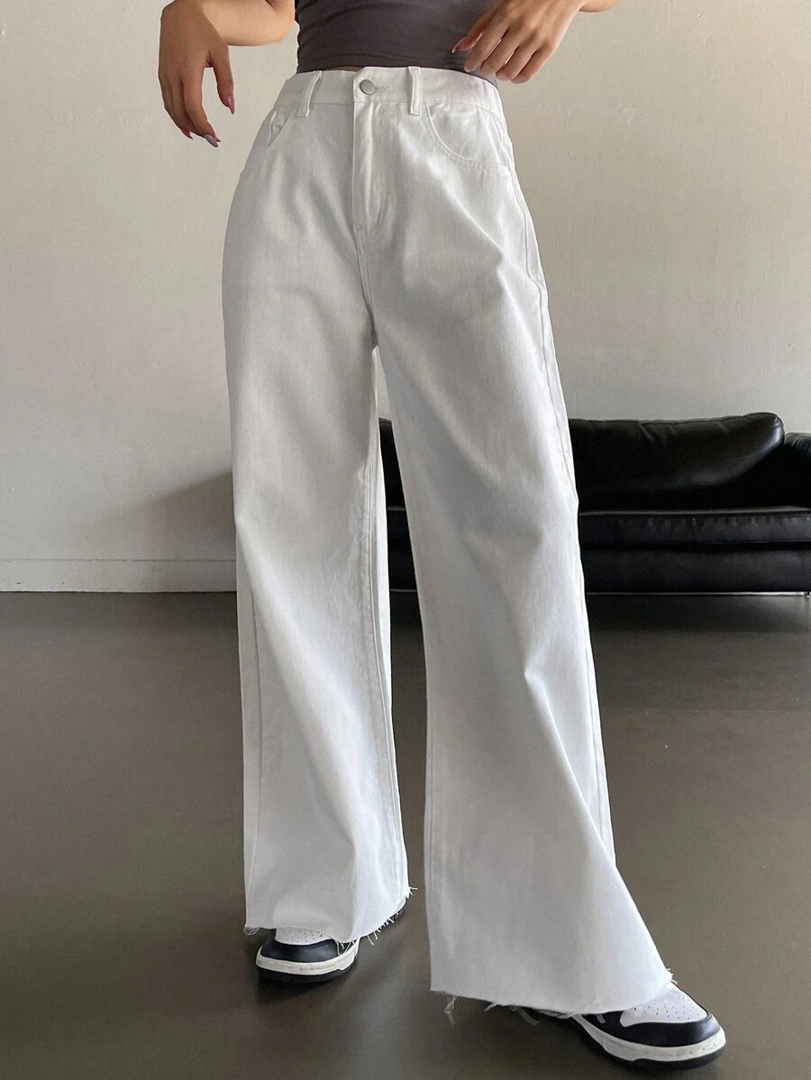DAZY Solid Color Wide Leg Jeans With Slanted Pockets And Frayed Hems, Suitable For All Seasons