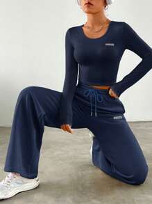 SHEIN EZwear Spring Blue Y2k Letter Patched Crop Tee & Drawstring Waist Sweatpants Two Piece Set - Blue - View 5
