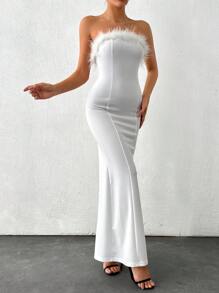 RueChic Women's Strapless Long Evening Dress With Mermaid Hemline And Furry Patchwork Details - White - View 3