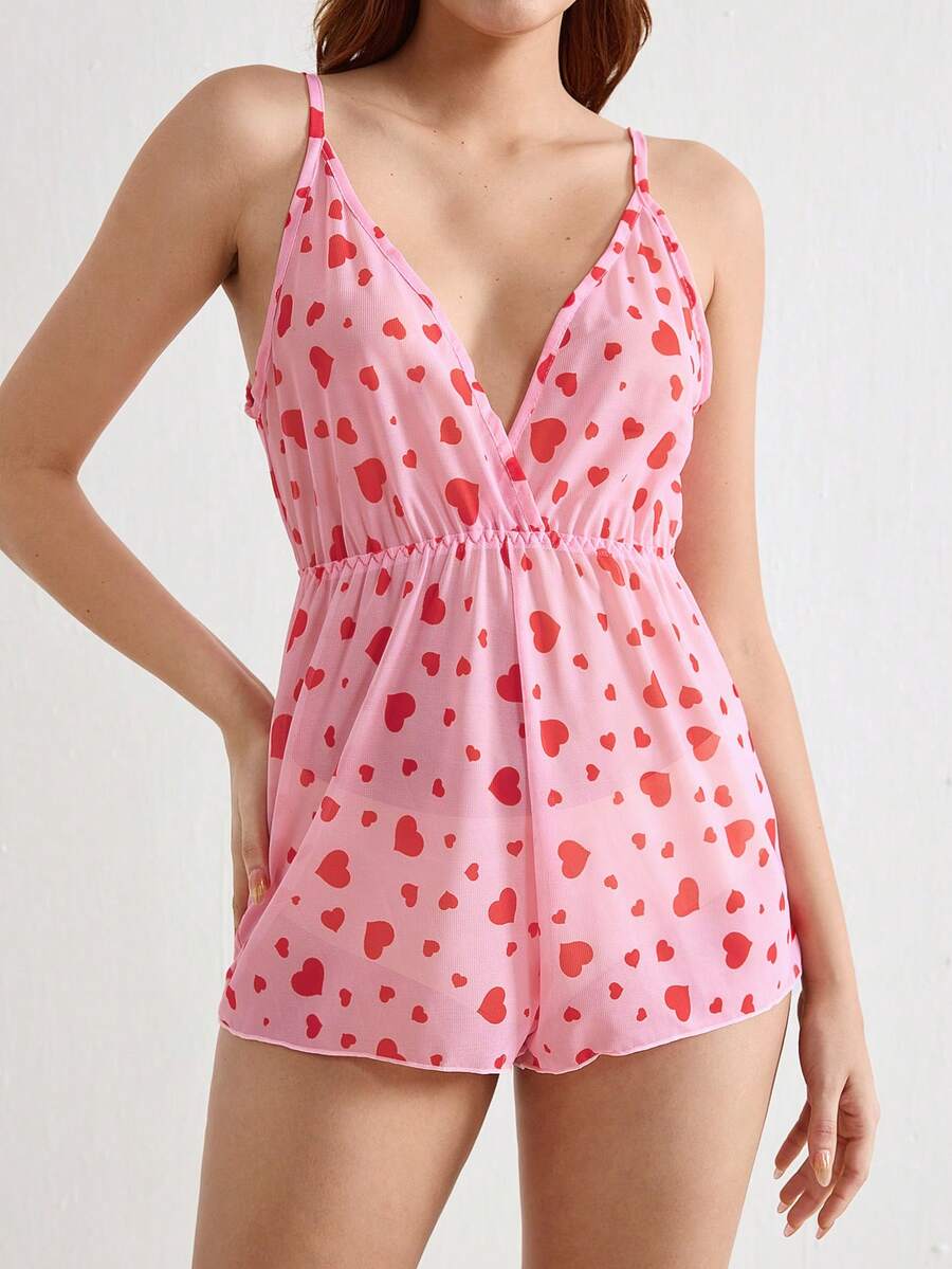 Áo liền quần Cami cổ chữ V in hình trái tim cho nữ - Hồng - Xem 1