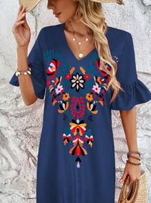 SHEIN LUNE Vacation Style Floral Print Ruffled Short Sleeve Dress - Blue - View 6