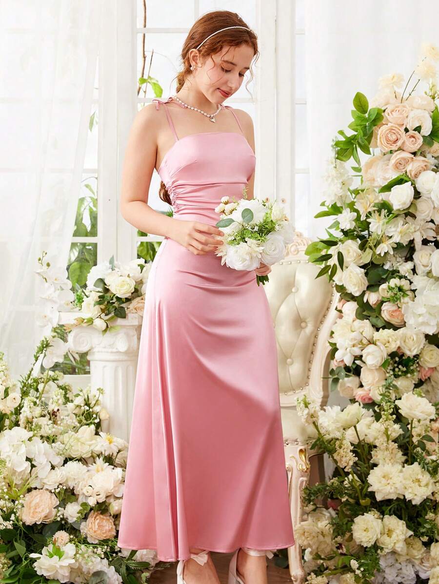 SHEIN Pink Spaghetti Strap Waist Pleated Long Form-Fitting Shiny ...