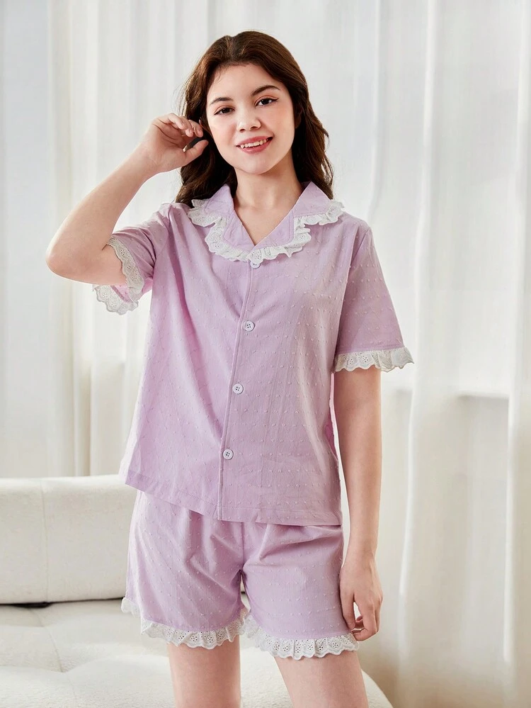 Teen Girl Simple Solid Purple Short Sleeve Cardigan With White Lace Trimmed Shorts, Casual Loose 2pcs Homewear Set