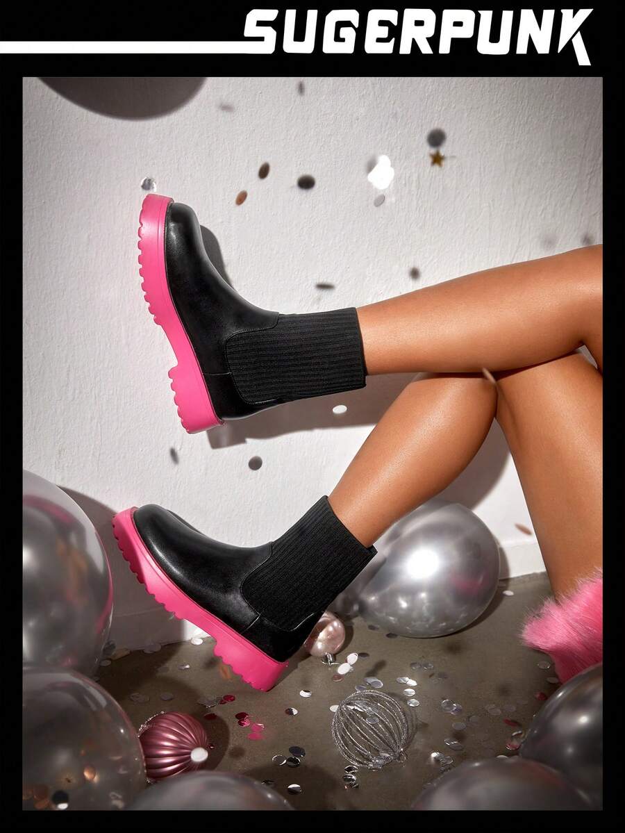 Sugerpunk Women Shoes Fashion Knit Design Black Slip On Sock Boots For