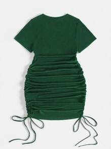 Flirla Plus Size Summer Short Sleeve Drawstring Side Slit Bodycon Dress - Dark Green - View 2