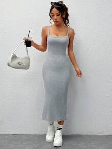 SHEIN EZwear Vestido camisero de color sólido con abertura en la espalda y dobladillo partido