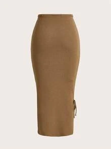 Franclia Chân váy chữ A ôm sát màu trơn dành cho nữ, họa tiết hoa ngẫu nhiên. - Màu Khaki - Xem 2