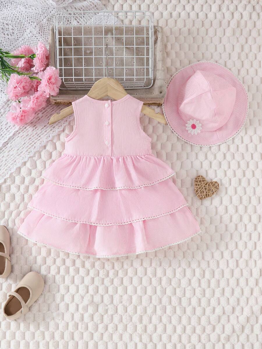 Baby Girl 1pc Cute Striped Dress With Flower Decorated Ruffled Hem And