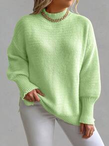 SHEIN LUNE Plus Size Women's Loose Sweater With Side Slit Hem - Green - View 4