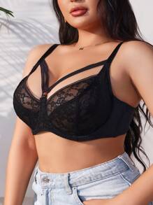 Lace Splice Plus Size Bra With Underwire And Gathered Cups (1pc) Lingerie - Black - View 5