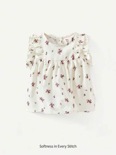 Cozy Pixies Baby Girls' Ditsy Floral Print Round Neck Top With Ruffle Trim