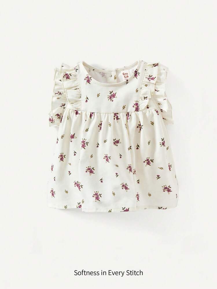 Baby Girls' Ditsy Floral Print Round Neck Top With Ruffle Trim