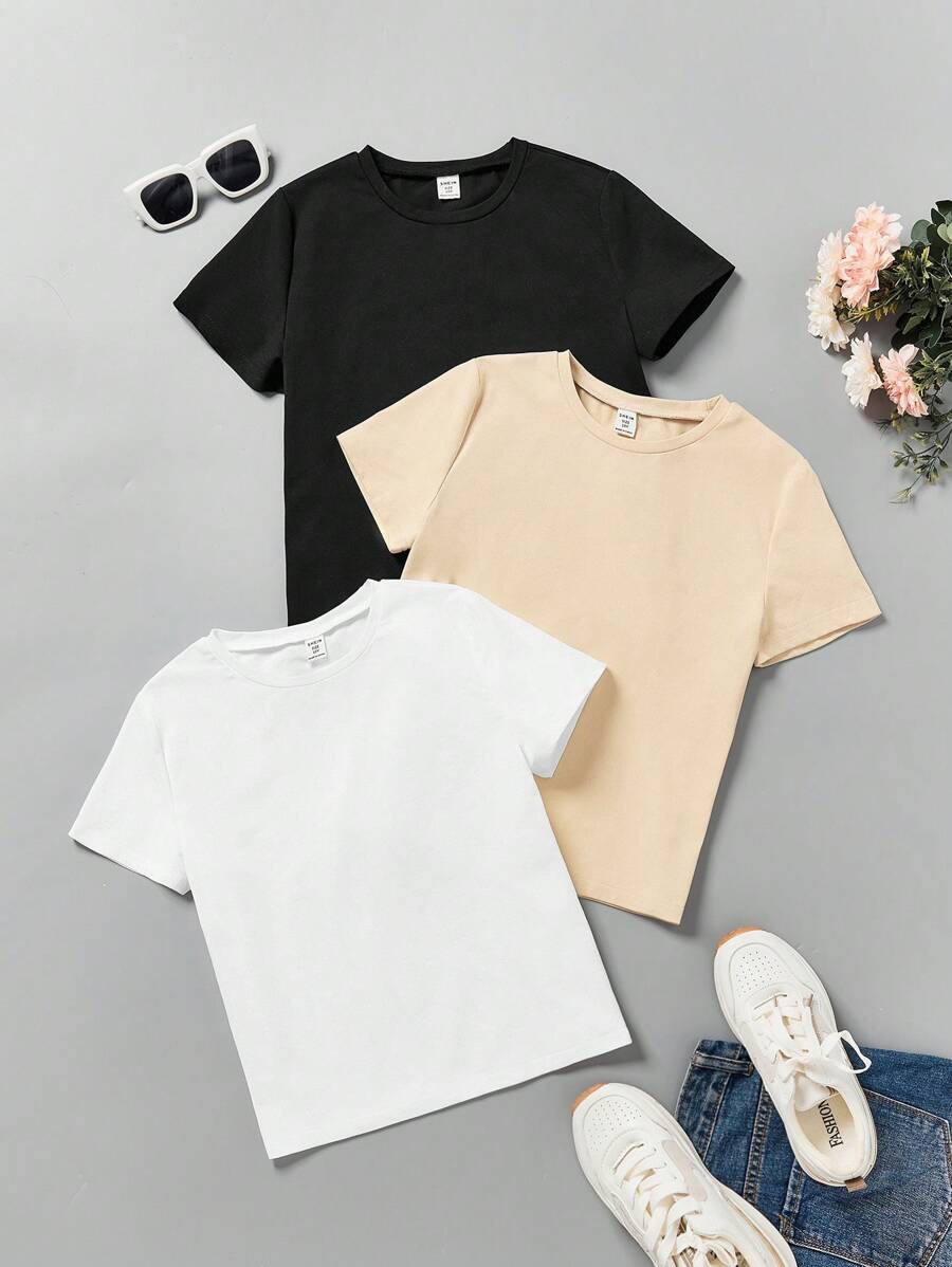 SHEIN Leap Crew Tween Girl 3pcs/Set Summer Knitted Solid Color Loose Fit Casual T-Shirt - Khaki - View 1