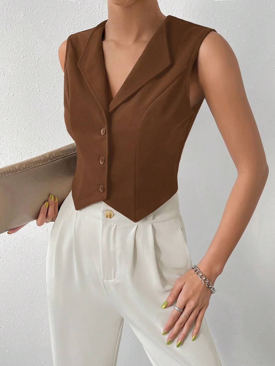 Chiquease Casual Vest Jacket With Detailed Design, Large Lapel Collar And Single-Breasted Button - Coffee Brown - View 1