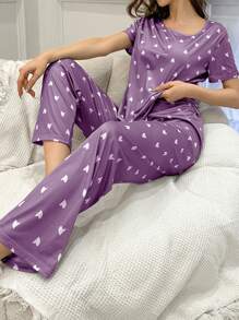 Heart Print Bowknot Decor Short Sleeve Top And Long Pants 2pcs Sleepwear Set Pajama Set Bow Tie - Violet Purple - View 4
