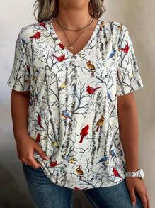 Áo thun cổ chữ V in hình cành cây nghệ thuật và chim cỡ lớn cho nữ Áo thun nữ - Nhiều màu - Xem 3