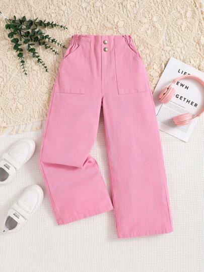 SHEIN Tween Girl Phong cách đi nghỉ mát giản dị Quần jean ống rộng có eo rộng và nhiều túi