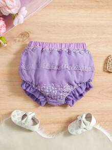 SHEIN Baby Girl Floral Embroidery Mesh Ruffle Hem Lace Trimmed Shorts
