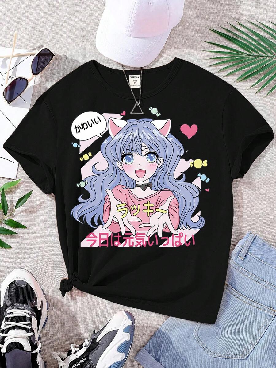 SHEIN Sparklyn Teen Girl Summer Round Neck Short Sleeve Casual T-Shirt With Letter & Cartoon Character Print,Holiday,Travel - Black - View 1